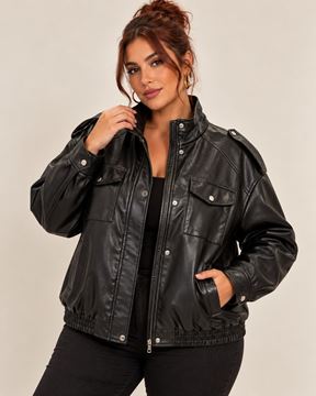 Picture of FAUX LEATHER JACKET WITH HIGH COLLAR BUTTON POCKETS AND SIDE